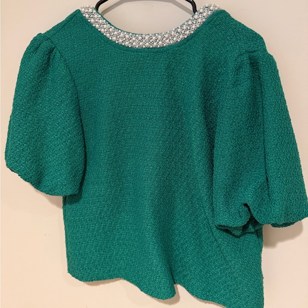Green Tweed Blouse with Pearl Detail - Picture 7 of 13